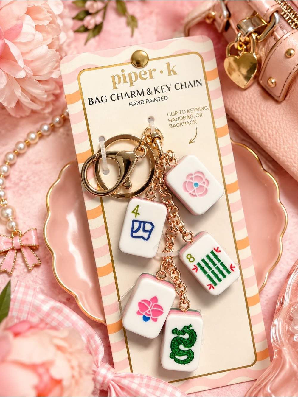 Piper K | Pink & Green Mahjong Tile Bag Charm 🀄️